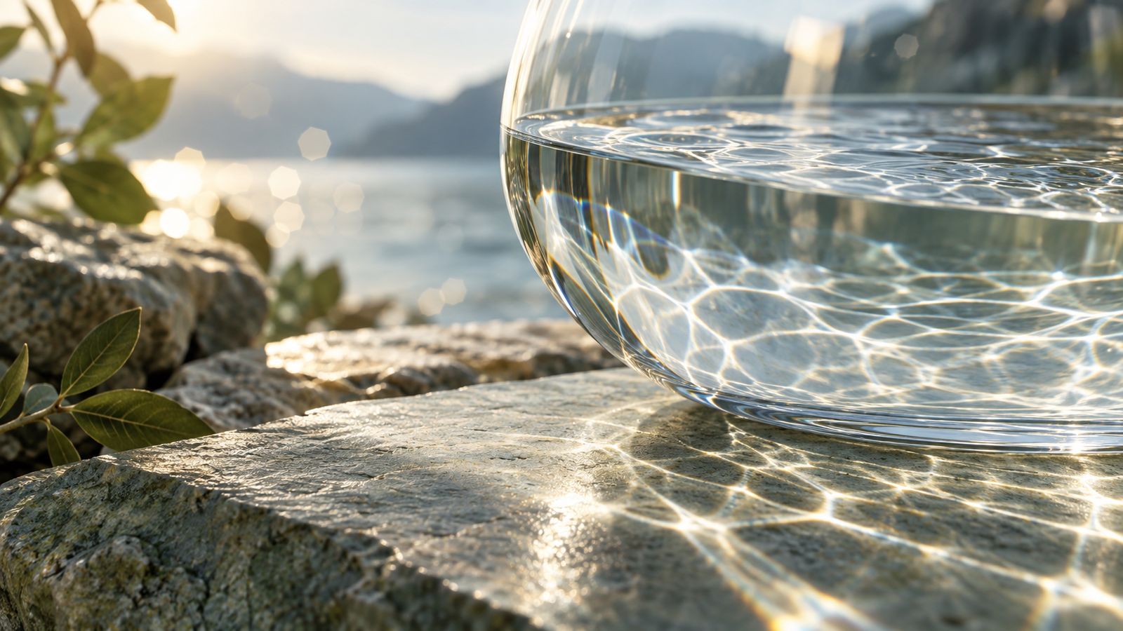 Wasserglas mit Lichtreflexen als Symbolbild zu Wasser an Grenzflächen
